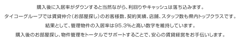 購入後に入居率がダウンすると当然ながら、利回りやキャッシュは落ち込みます。タイコーグループでは賃貸仲介（お部屋探し）のお客様数、契約実績、店舗、スタッフ数も県内トップクラスです。結果として、管理物件の入居率は95.3%と高い数字を維持しています。購入後のお部屋探し、物件管理をトータルでサポートすることで、安心の賃貸経営をお手伝いします。